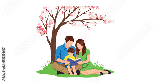 Modern vector illustration of parents and children reading book together under tree in spring park. Peaceful education and bonding lifestyle concept with nature outdoor seasonal environment