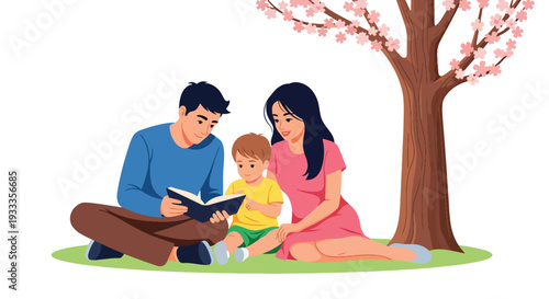 Modern vector illustration of parents and children reading book together under tree in spring park. Peaceful education and bonding lifestyle concept with nature outdoor seasonal environment