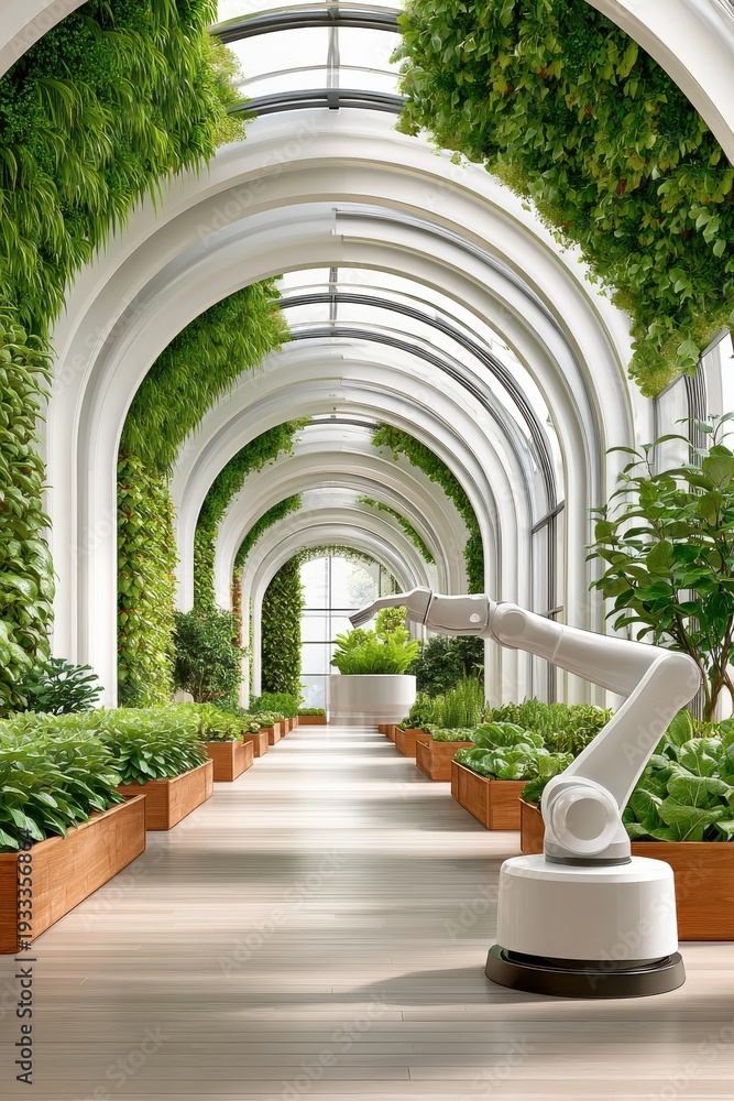 Fototapeta premium Robotic arm harvesting vegetables in an indoor greenhouse corridor with lush greenery modern architecture design