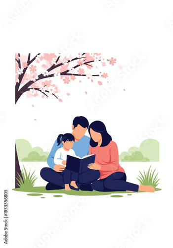 Modern vector illustration of parents and children reading book together under tree in spring park. Peaceful education and bonding lifestyle concept with nature outdoor seasonal environment