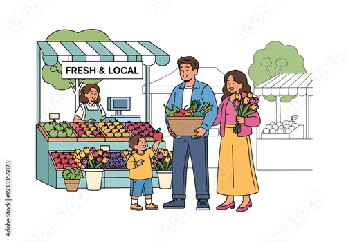 Modern vector illustration of family shopping at spring farmers market with fresh fruits and flowers. Seasonal outdoor lifestyle and local community holiday concept for parents and children