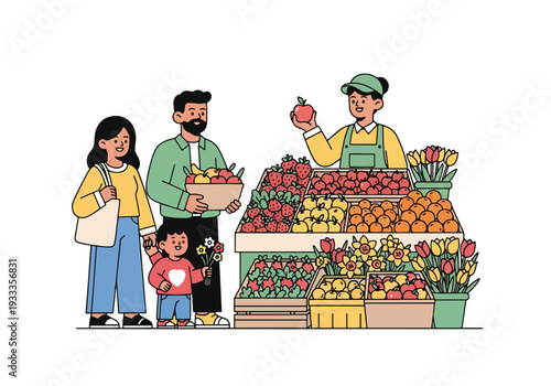 Modern vector illustration of family shopping at spring farmers market with fresh fruits and flowers. Seasonal outdoor lifestyle and local community holiday concept for parents and children