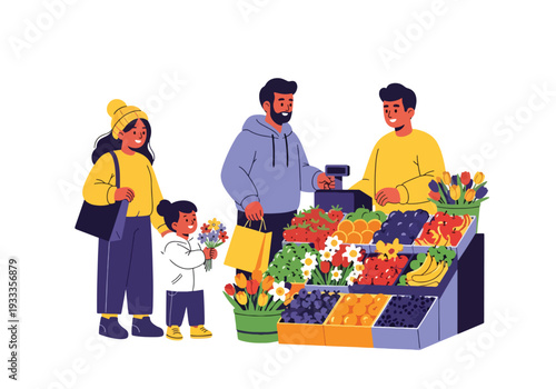 Modern vector illustration of family shopping at spring farmers market with fresh fruits and flowers. Seasonal outdoor lifestyle and local community holiday concept for parents and children