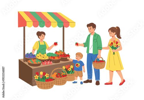Modern vector illustration of family shopping at spring farmers market with fresh fruits and flowers. Seasonal outdoor lifestyle and local community holiday concept for parents and children