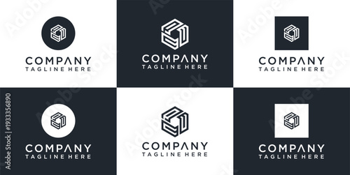 Set of six modern company logos with geometric shapes and placeholder text.