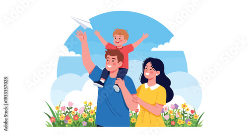 Modern vector illustration of family flying paper plane together in blooming spring field. Outdoor leisure and parenting bonding lifestyle concept with happy children and sunny nature scene