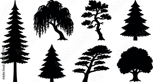 Silhouette vector set of eight different tree shapes including willow pine fir bonsai oak maple spruce in flat black design