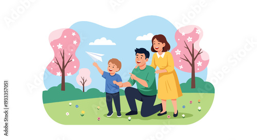 Modern vector illustration of family flying paper plane together in blooming spring field. Outdoor leisure and parenting bonding lifestyle concept with happy children and sunny nature scene