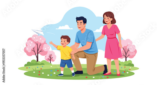 Modern vector illustration of family flying paper plane together in blooming spring field. Outdoor leisure and parenting bonding lifestyle concept with happy children and sunny nature scene