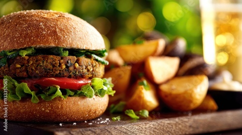 Hearty plant-based burger served with baked potato wedges and a light beverage