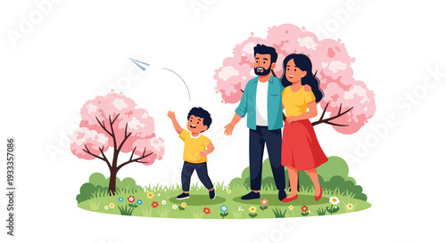 Modern vector illustration of family flying paper plane together in blooming spring field. Outdoor leisure and parenting bonding lifestyle concept with happy children and sunny nature scene