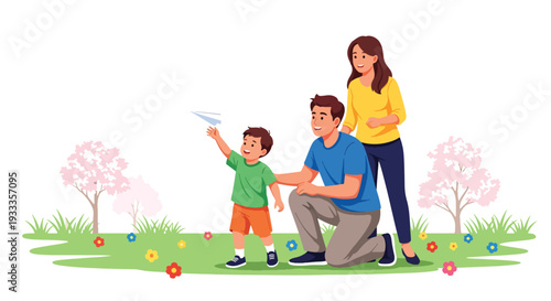 Modern vector illustration of family flying paper plane together in blooming spring field. Outdoor leisure and parenting bonding lifestyle concept with happy children and sunny nature scene