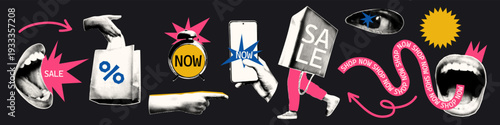 Halftone collage cut out trendy elements set Hand holding paper bag and using smartphone, shouting mouths. Shopping, sale and discount concept modern retro mixed media vector illustration with doodles