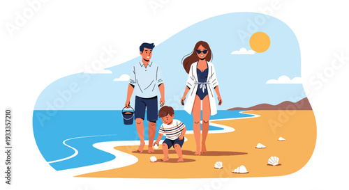 Modern vector illustration of family walking on beach during spring vacation collecting shells. Travel holiday lifestyle concept with parents and children enjoying coastal outdoor time together