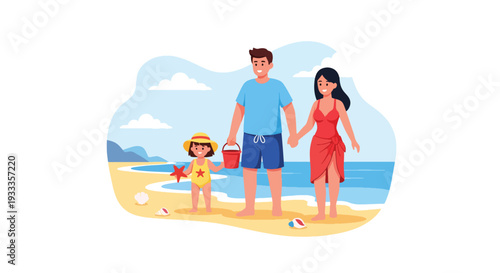 Modern vector illustration of family walking on beach during spring vacation collecting shells. Travel holiday lifestyle concept with parents and children enjoying coastal outdoor time together