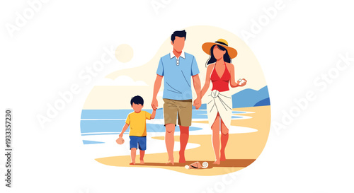 Modern vector illustration of family walking on beach during spring vacation collecting shells. Travel holiday lifestyle concept with parents and children enjoying coastal outdoor time together