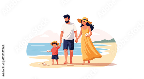 Modern vector illustration of family walking on beach during spring vacation collecting shells. Travel holiday lifestyle concept with parents and children enjoying coastal outdoor time together