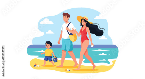 Modern vector illustration of family walking on beach during spring vacation collecting shells. Travel holiday lifestyle concept with parents and children enjoying coastal outdoor time together