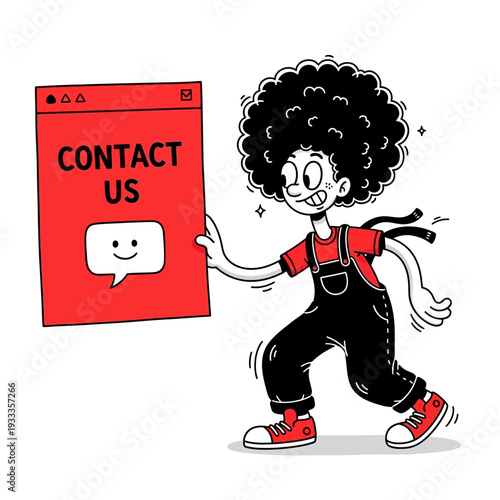 Cartoon Character Holding Contact Us Screen.