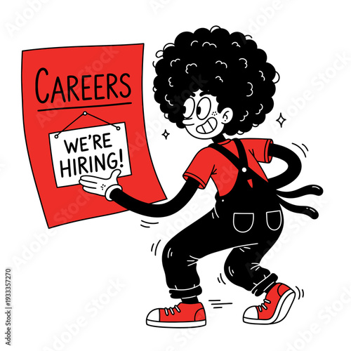 Cartoon Character Holding Hiring Sign.