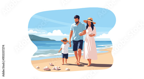 Modern vector illustration of family walking on beach during spring vacation collecting shells. Travel holiday lifestyle concept with parents and children enjoying coastal outdoor time together