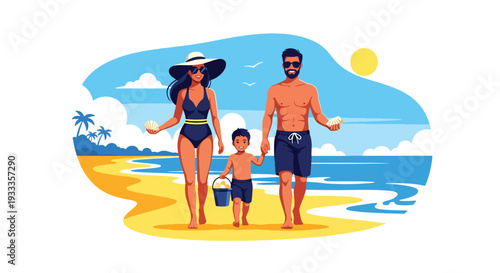 Modern vector illustration of family walking on beach during spring vacation collecting shells. Travel holiday lifestyle concept with parents and children enjoying coastal outdoor time together