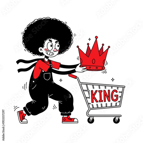 Cartoon Character Pushing Shopping Cart with Crown.