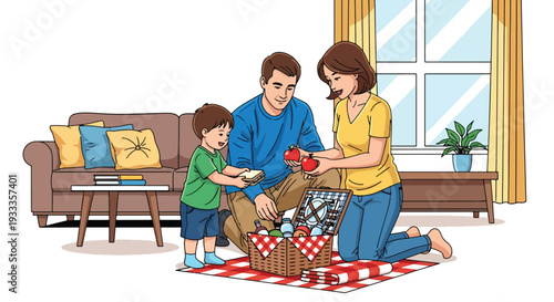 Modern vector illustration of family preparing picnic basket together at home before spring outing. Seasonal holiday planning and bonding lifestyle concept with parents and children teamwork