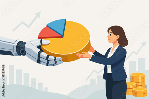 Artificial Intelligence Robot Hand Helping Businesswoman with Market Share Pie Chart and Financial Growth Data Analysis, Automation in Investment and Business Strategy for Success Illustration