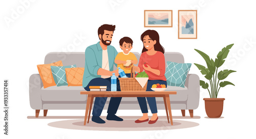 Modern vector illustration of family preparing picnic basket together at home before spring outing. Seasonal holiday planning and bonding lifestyle concept with parents and children teamwork