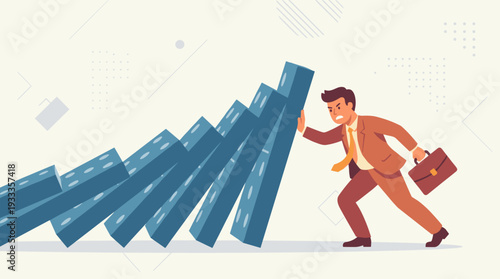 Determined Businessman in a Suit and Tie Straining to Stop a Falling Domino Effect Chain Reaction, Concept of Crisis Management, Risk Mitigation, Problem Solving, and Preventing Business Failure
