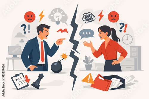 Business Communication Conflict Concept Vector Illustration. Man and Woman Arguing in Office with Stress Symbols, Misunderstanding, Professional Disagreement, and Workplace Gender Issues.