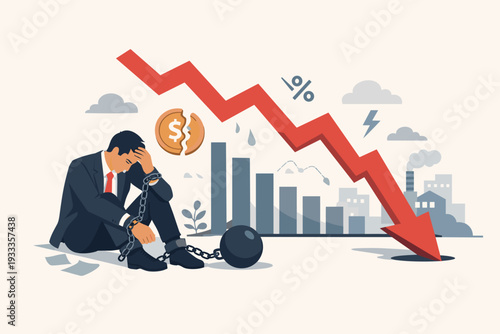 Businessman Chained to a Heavy Ball with a Falling Red Arrow and Declining Bar Graph Representing Economic Recession, Financial Crisis, Debt Burden, Market Crash, and Global Economic Downturn