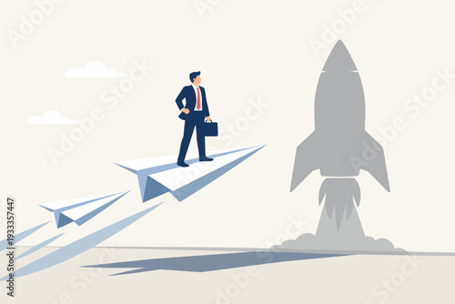Business Startup and Motivation Concept with Businessman Standing on Flying Paper Plane and Rocket Shadow. Success, Ambition, Leadership, and Career Growth in Professional Corporate World.