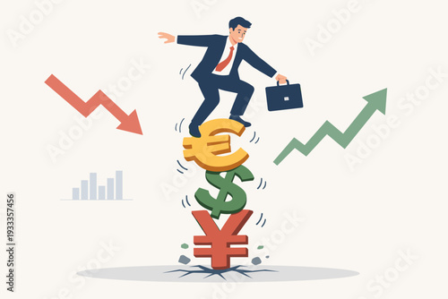 Businessman in a Suit Balancing on a Stack of Wobbly Currency Symbols Including Euro, Dollar, and Yen, Representing Financial Risk, Market Volatility, Economic Instability, and Global Exchange.