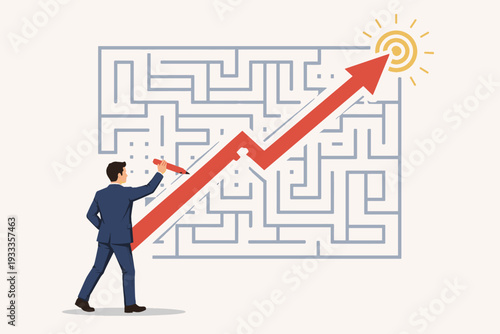 Businessman Drawing a Red Arrow Breaking Through a Complex Maze to Reach a Target, Concept of Solving Business Problems, Finding Shortcuts to Success, Innovation, Strategy, and Goal Achievement.