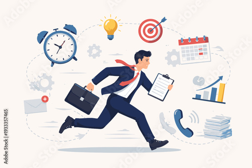 Businessman in a Suit Running in a Hurry with Briefcase and Clipboard Surrounded by Business Icons like Alarm Clock, Target, Calendar, and Lightbulb Representing Busy Work Life and Productivity.