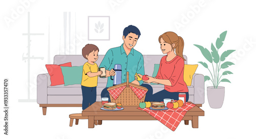 Modern vector illustration of family preparing picnic basket together at home before spring outing. Seasonal holiday planning and bonding lifestyle concept with parents and children teamwork