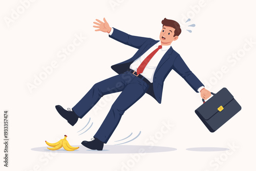 Businessman in a Professional Blue Suit Slipping on a Yellow Banana Peel, Business Concept Illustration of Failure, Risk, and Unexpected Obstacles, Flat Vector Character Falling with Briefcase