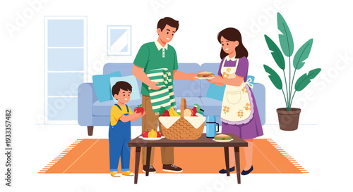 Modern vector illustration of family preparing picnic basket together at home before spring outing. Seasonal holiday planning and bonding lifestyle concept with parents and children teamwork