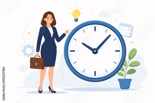 Professional businesswoman in a blue suit holding a briefcase and pointing at a large clock, representing time management, productivity, deadlines, and creative ideas in a flat vector illustration.