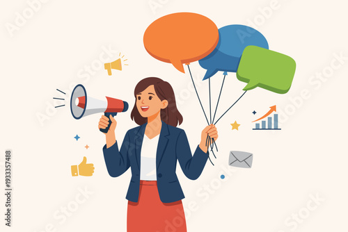 PR Manager Woman Holding Megaphone and Speech Bubble Balloons for Company Communication, Public Relations, Marketing Strategy, Social Media Promotion, and Business Information News Announcement