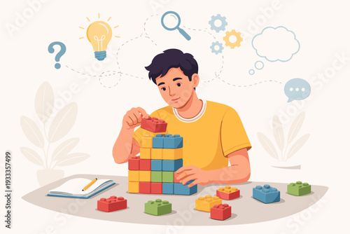 Young Man Solving a Logical Puzzle with Colorful Building Blocks, Concept of Analytical Thinking, Problem Solving, Creativity, and Intelligence Vector Illustration with Idea and Gear Icons.