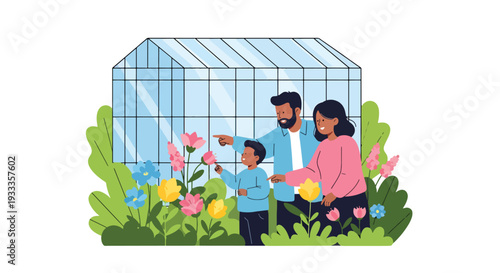 Modern vector illustration of family exploring botanical garden in spring season. Travel education and outdoor lifestyle concept with parents and children enjoying blooming plants together