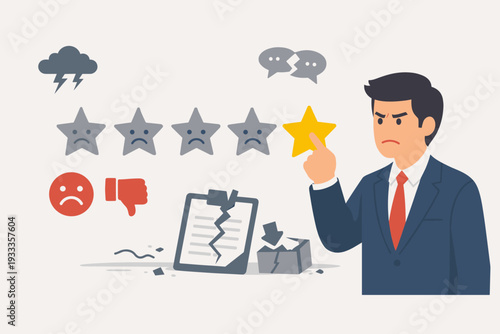 Angry Businessman Giving One Star Rating for Bad Quality Service and Negative Online Feedback Concept Illustration with Broken Icons, Sad Faces, and Thumbs Down for Poor Customer Experience