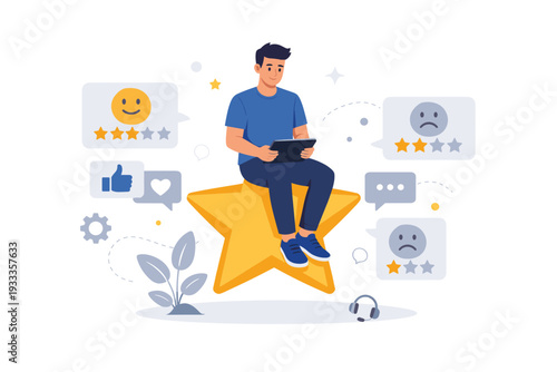 Vector illustration of a man sitting on a giant yellow star using a digital tablet for customer service ratings, online feedback, and user experience reviews with emoticons, stars, and icons.