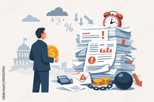Businessman facing a massive stack of tax documents and bills, representing financial burden, debt, and government obligations with a ball and chain, alarm clock, and calculator symbols.