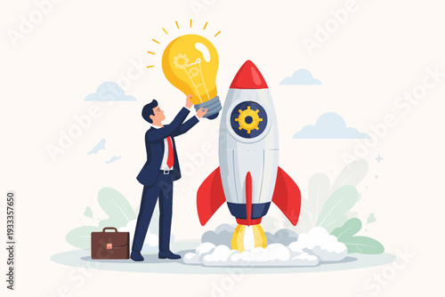 Modern businessman launching a new startup project by putting a creative lightbulb idea into a rocket ship, concept of innovation, business growth, successful entrepreneurship, and creative strategy.