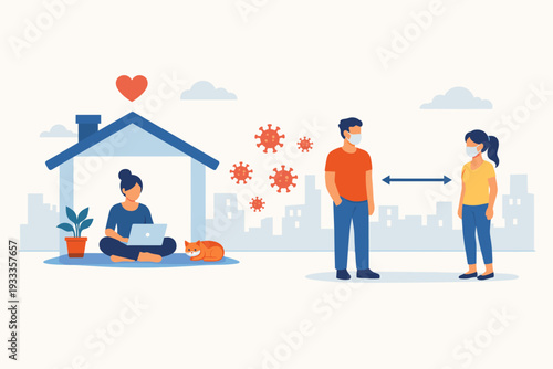 Stay Home and Social Distancing Concept for Preventing Coronavirus Infection Risk with People Wearing Face Masks and Woman Working Remotely from Home with Cat, Flat Vector Illustration