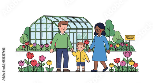 Modern vector illustration of family exploring botanical garden in spring season. Travel education and outdoor lifestyle concept with parents and children enjoying blooming plants together
